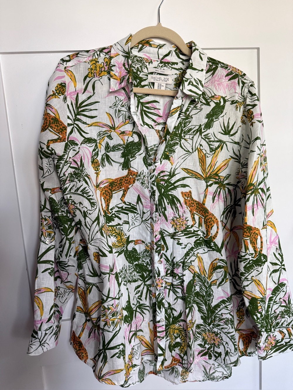 Rachel Zoe White Tropical Print Button-Up Shirt - Green, Pink, Yellow. Linen.